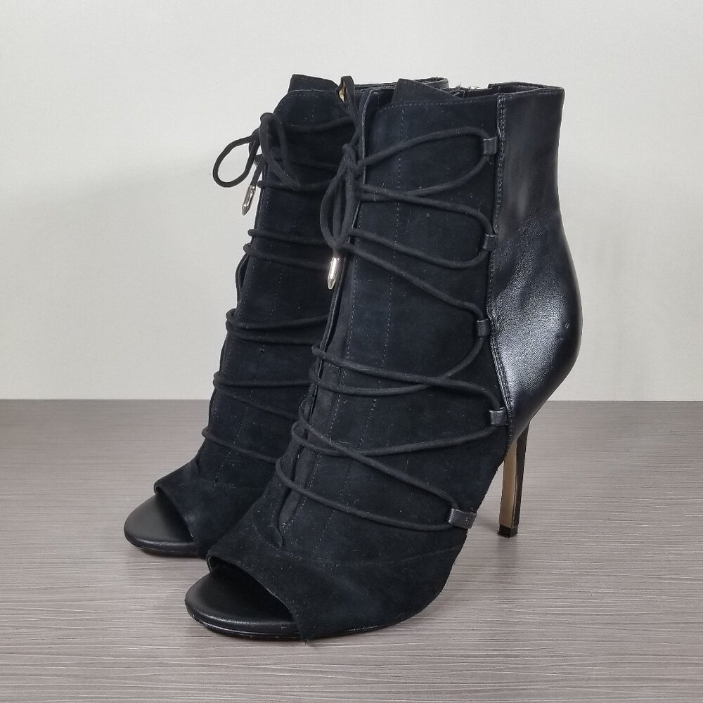 Sam Edelman Asher Black Suede & Leather Open Toe Lace-Up Booties Womens Size 8.5